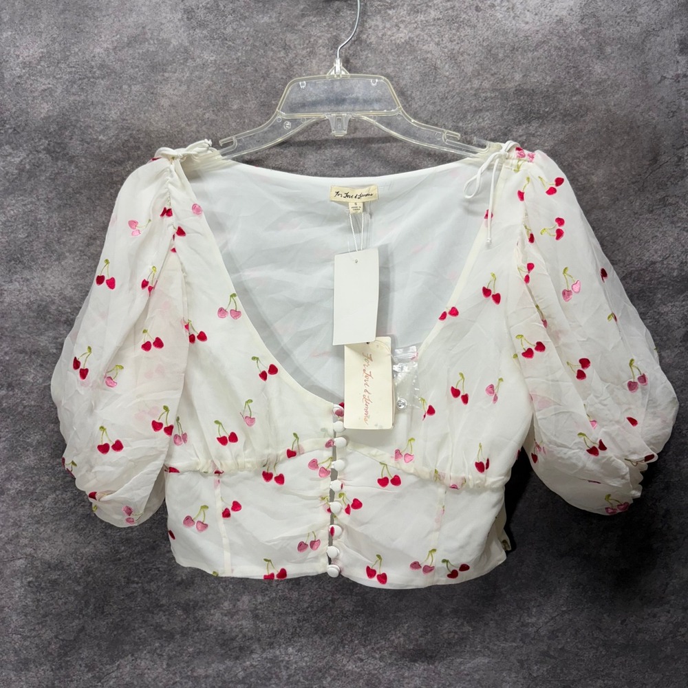 For Love & Lemons White Cherry Heart Print Puff Sleeve Crop Top Size S Romantic
